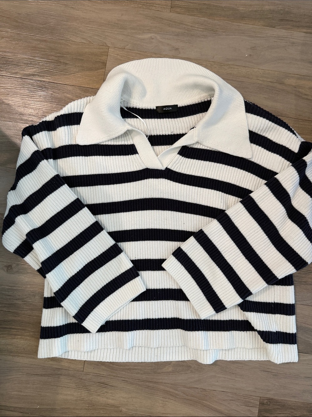 Aqua Black and White Striped Collared Knit Sweater